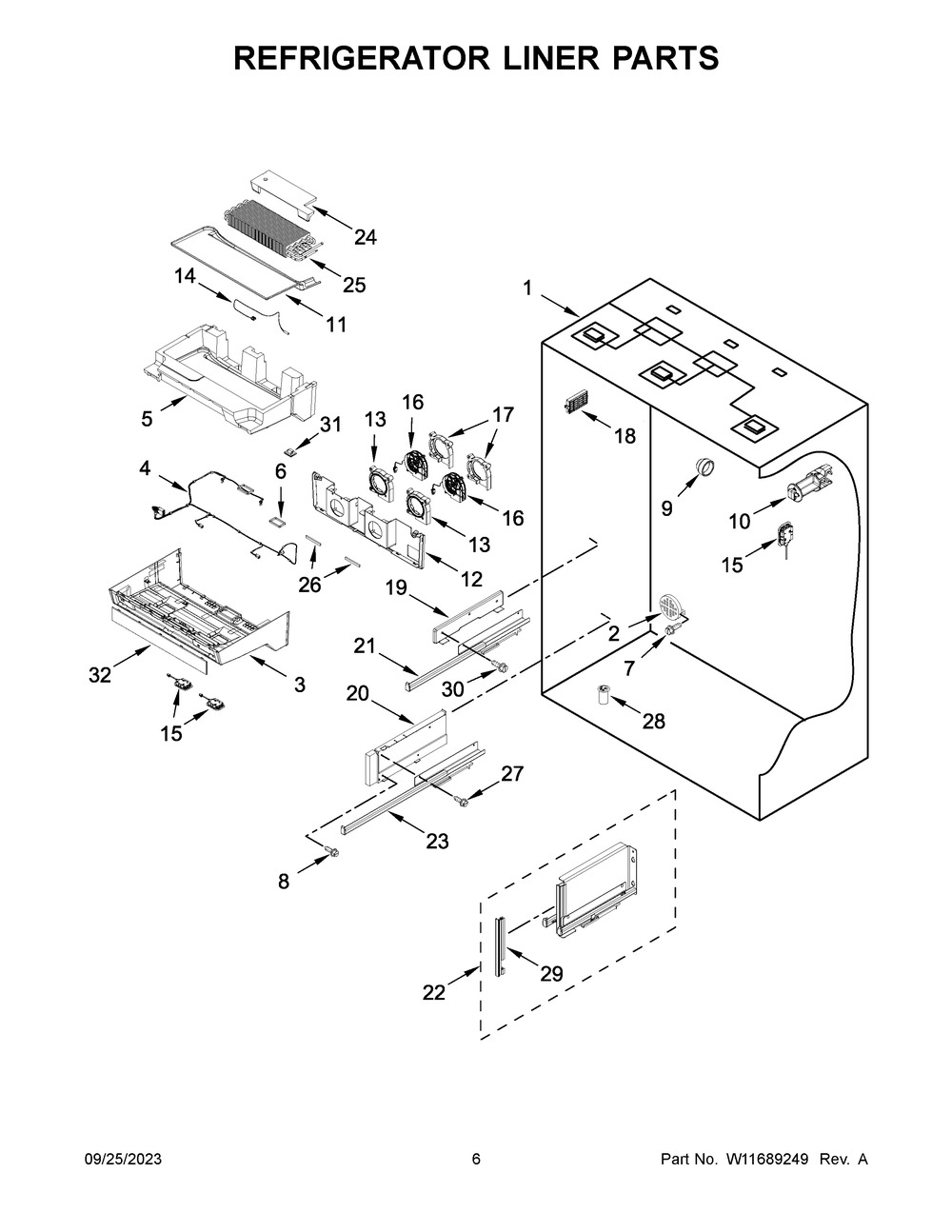 Refrigerator Liner Parts Diagram and Parts List for KBBL306ESS05  KitchenAid Refrigerator