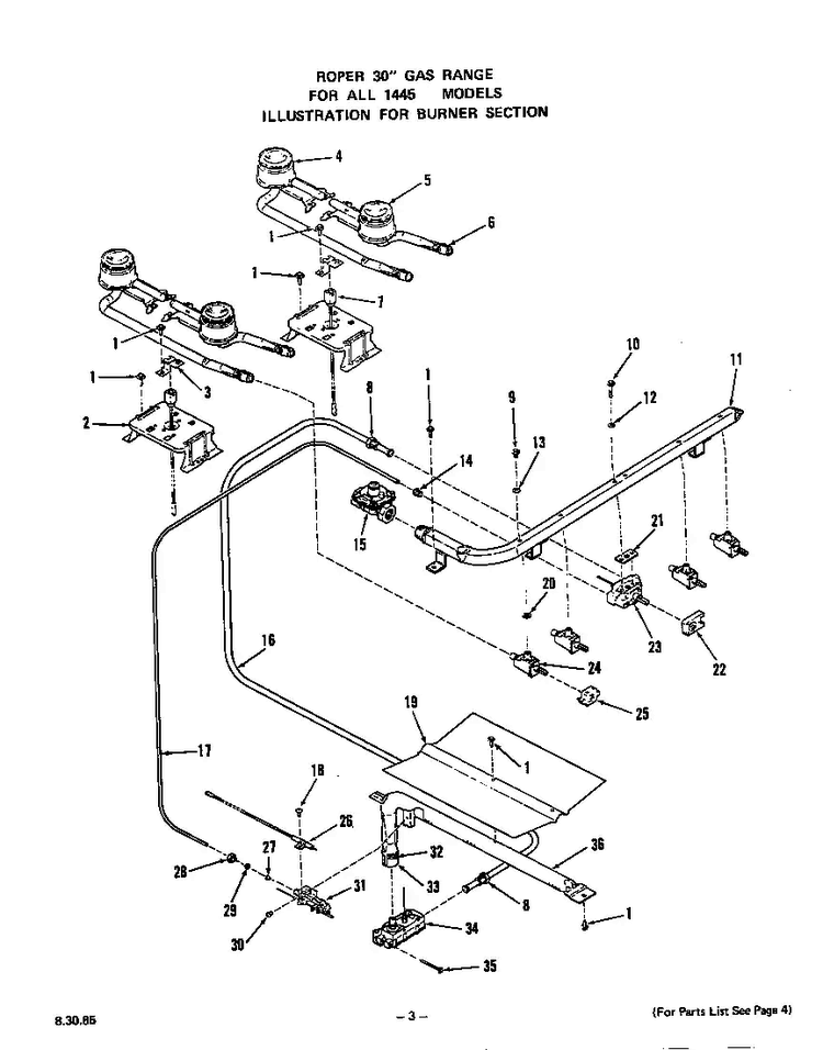 Burner Diagram and Parts List for 1445*1A  Roper Range