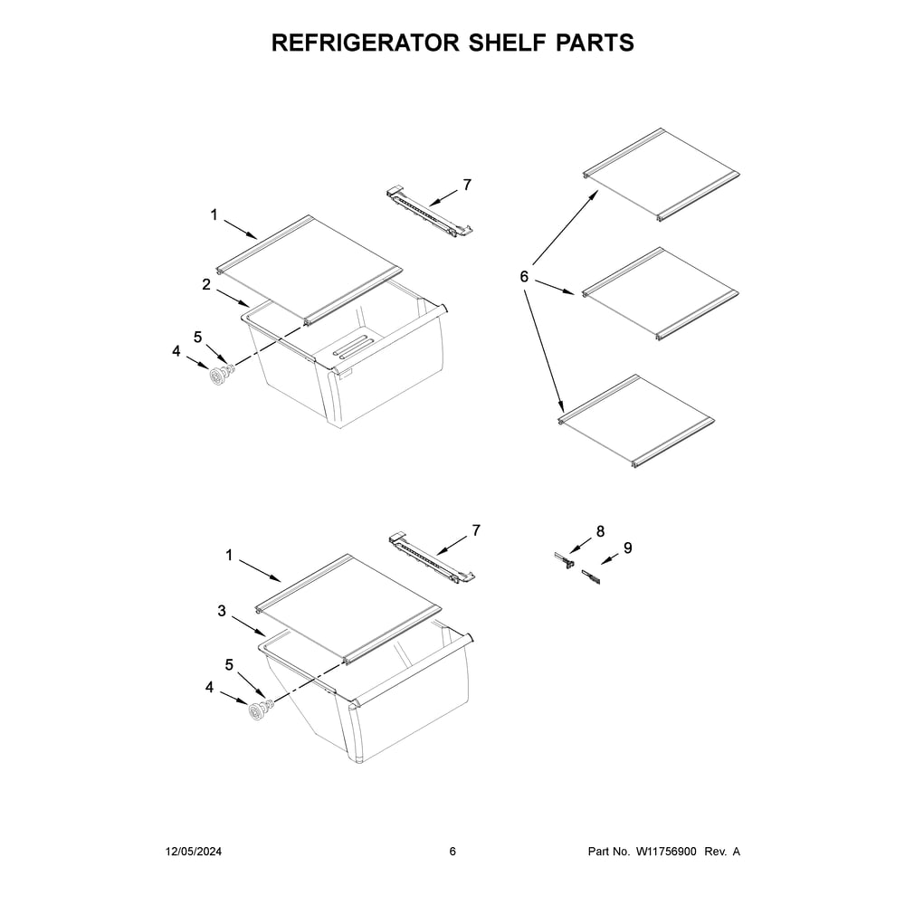 Refrigerator Shelf Parts Diagram and Parts List for WRS312SNHB07  Whirlpool Refrigerator