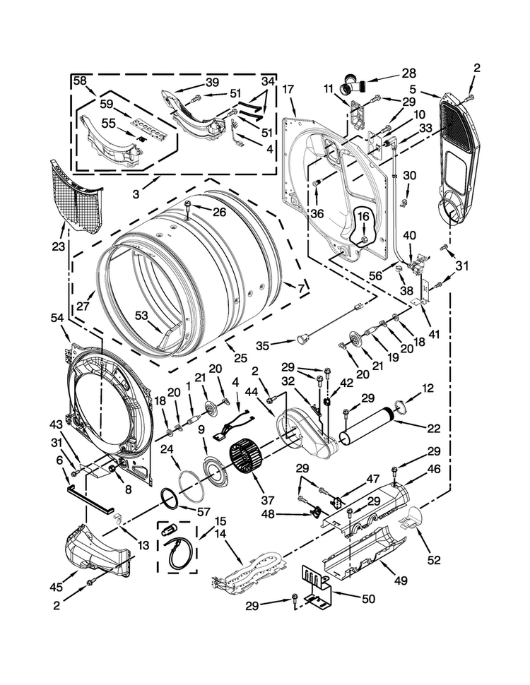 Bulkhead Parts Diagram and Parts List for WED96HEAU1  Whirlpool Dryer