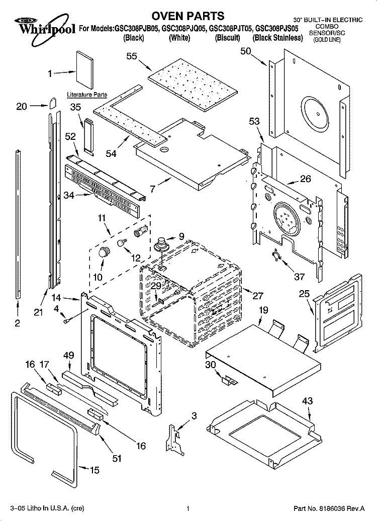 OVEN PARTS Diagram and Parts List for GSC308PJB05  Whirlpool Microwave Oven Combo