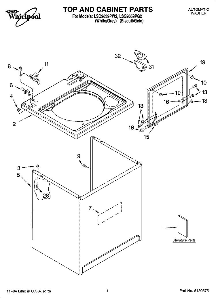 TOP AND CABINET PARTS Diagram and Parts List for LSQ9659PG2  Whirlpool Washer