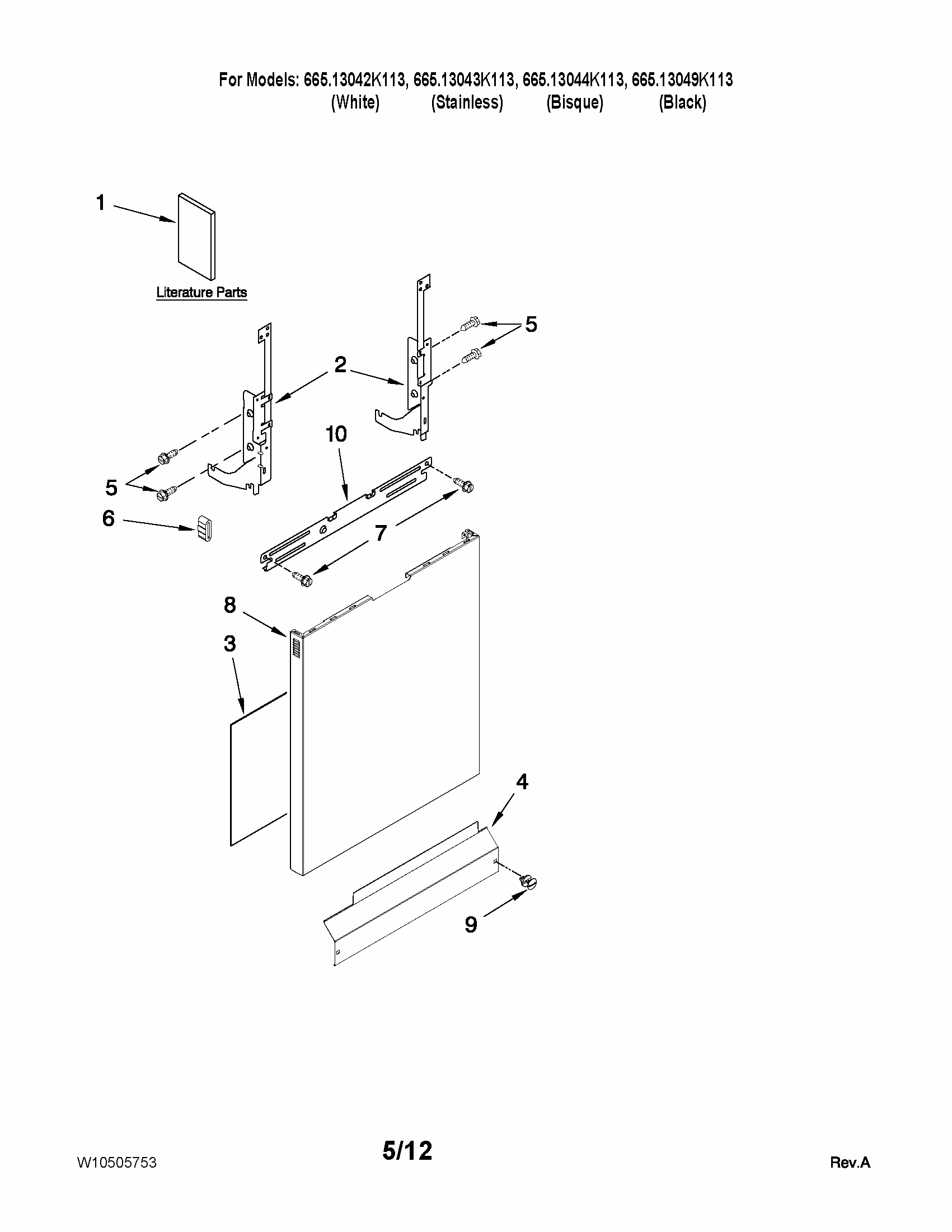 Door And Panel Parts Diagram and Parts List for 66513044K113  Kenmore Dishwasher