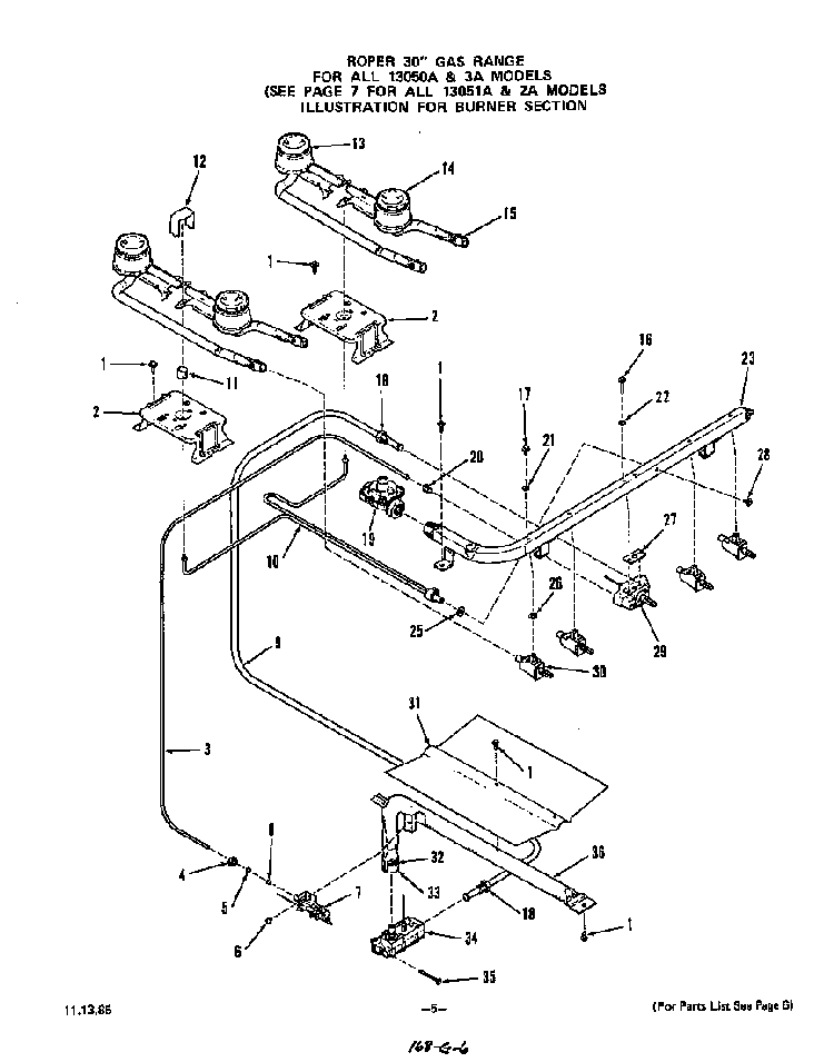 Burner Diagram and Parts List for 1305*0A  Roper Range