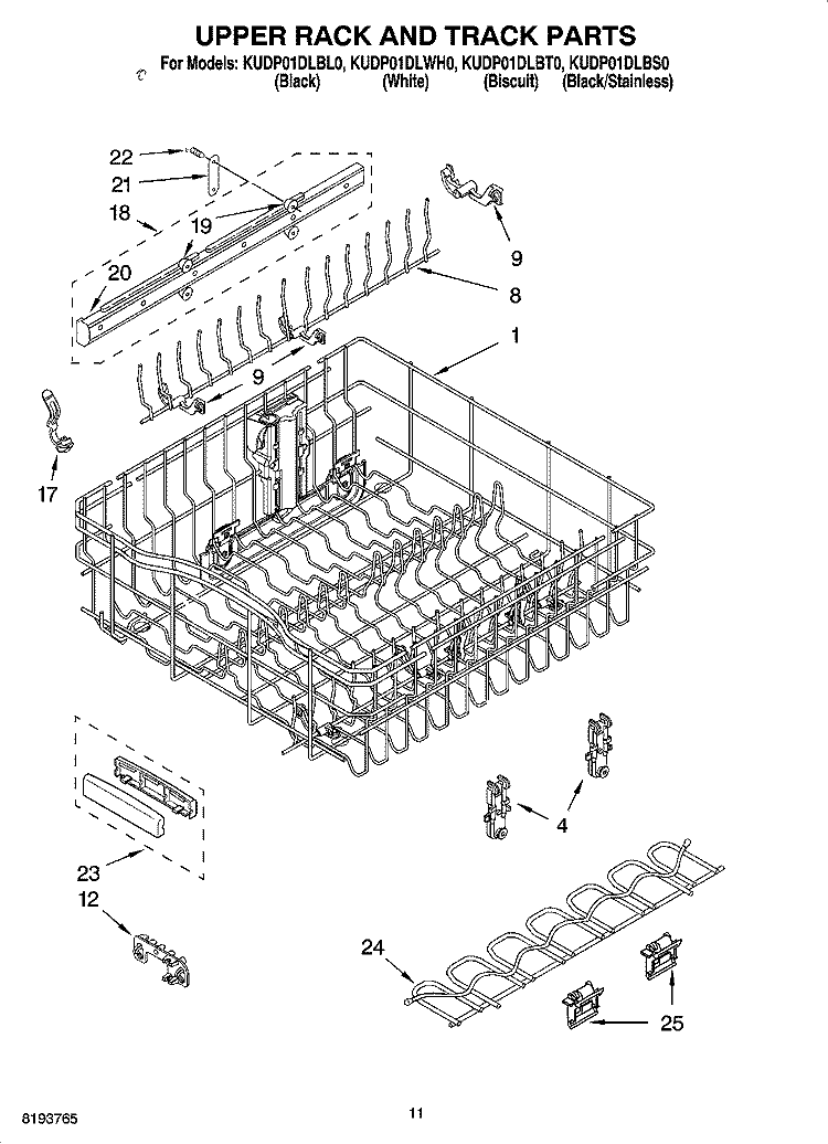 UPPER RACK AND TRACK PARTS Diagram and Parts List for KUDP01DLBS0  KitchenAid Dishwasher