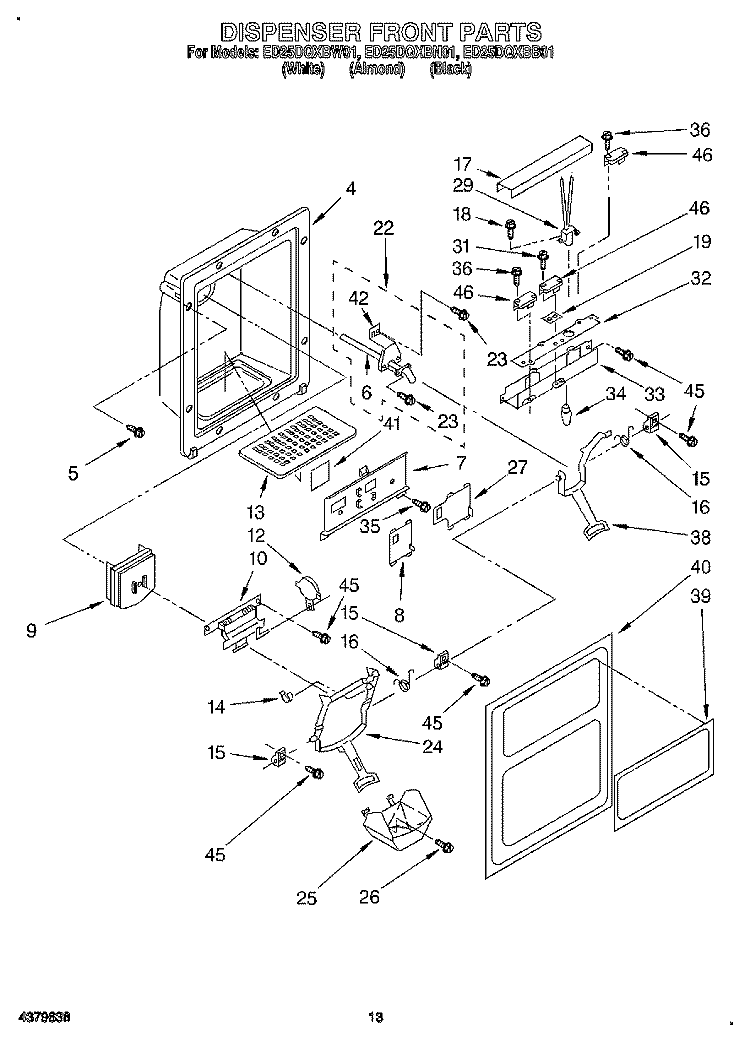 DISPENSER FRONT Diagram and Parts List for ED25DQXBB01  Whirlpool Refrigerator