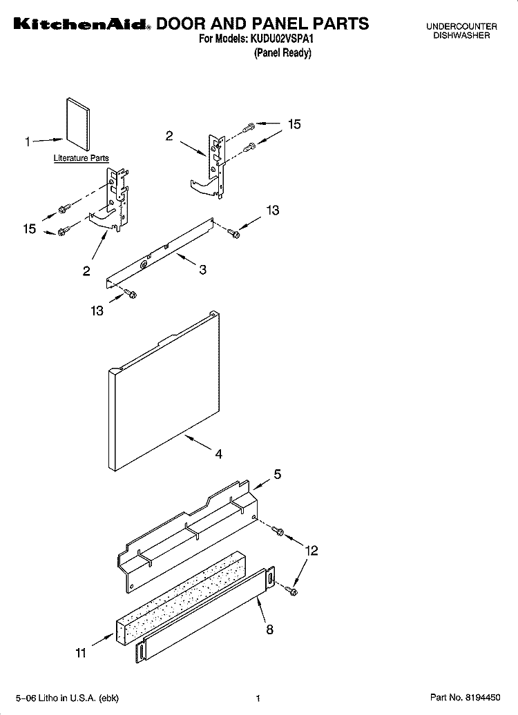 DOOR AND PANEL PARTS Diagram and Parts List for KUDU02VSPA1  KitchenAid Dishwasher