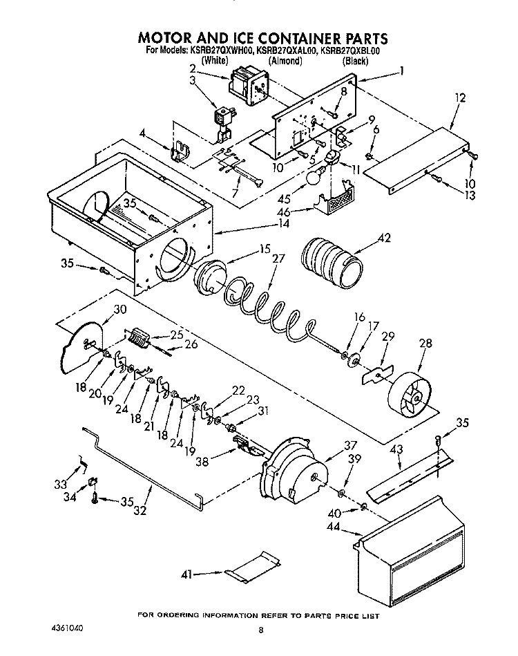 MOTOR AND ICE CONTAINER Diagram and Parts List for KSRB27QXBL00  KitchenAid Refrigerator