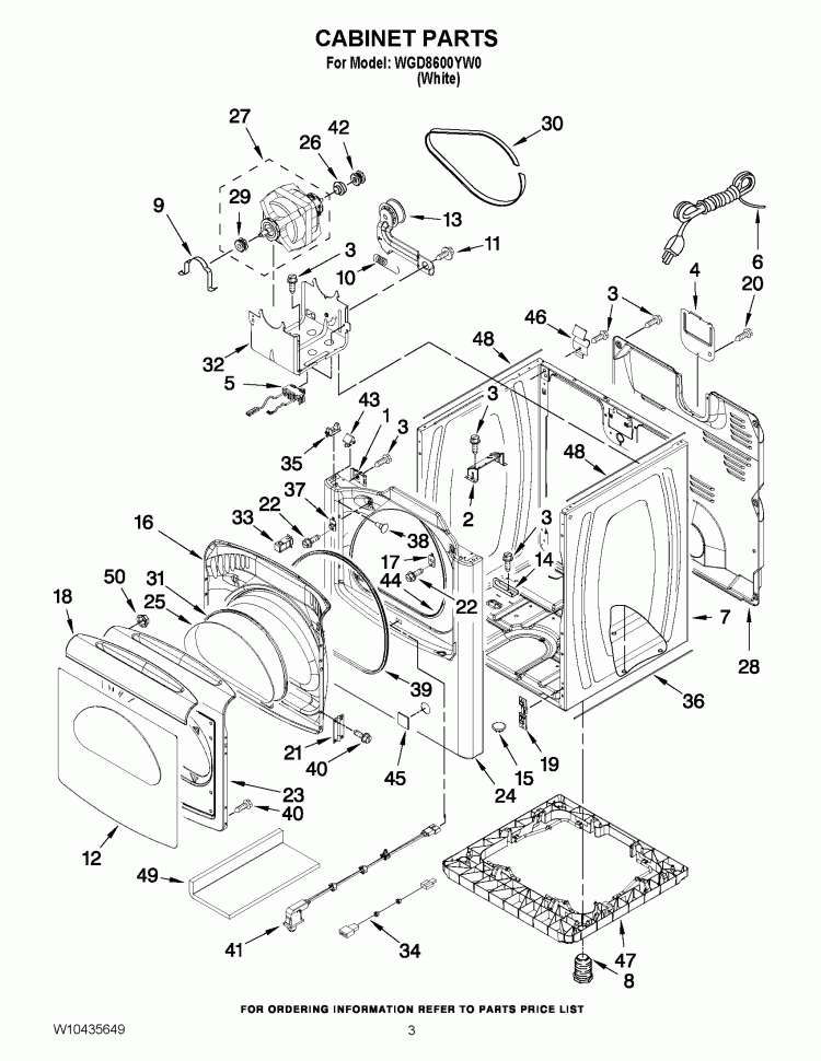 CABINET PARTS Diagram and Parts List for WGD8600YW0  Whirlpool Dryer