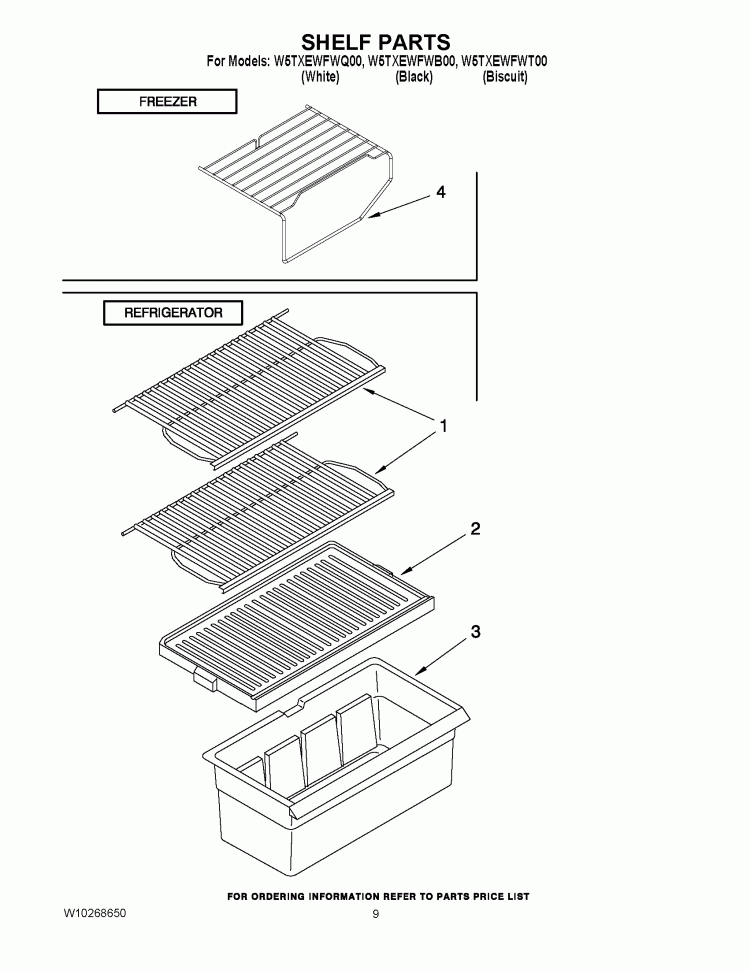 SHELF PARTS Diagram and Parts List for W5TXEWFWT00  Whirlpool Refrigerator
