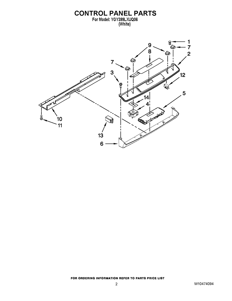 CONTROL PANEL PARTS Diagram and Parts List for YGY399LXUQ06  Whirlpool Range