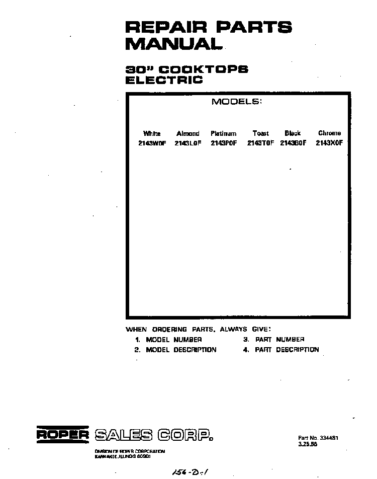 Front Cover Diagram and Parts List for 2143*0F  Roper Range