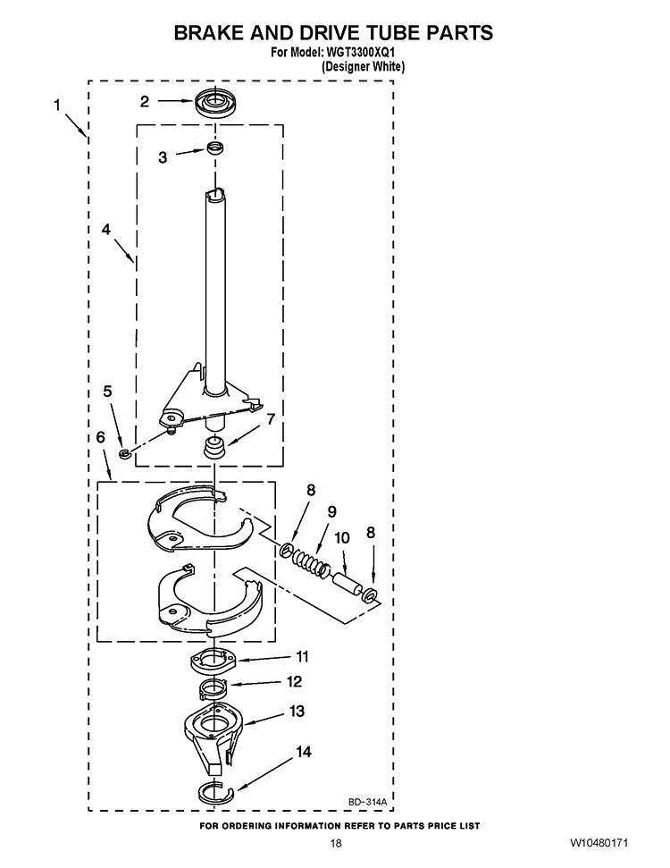 BRAKE AND DRIVE TUBE PARTS Diagram and Parts List for WGT3300XQ1  Whirlpool Washer Dryer Combo