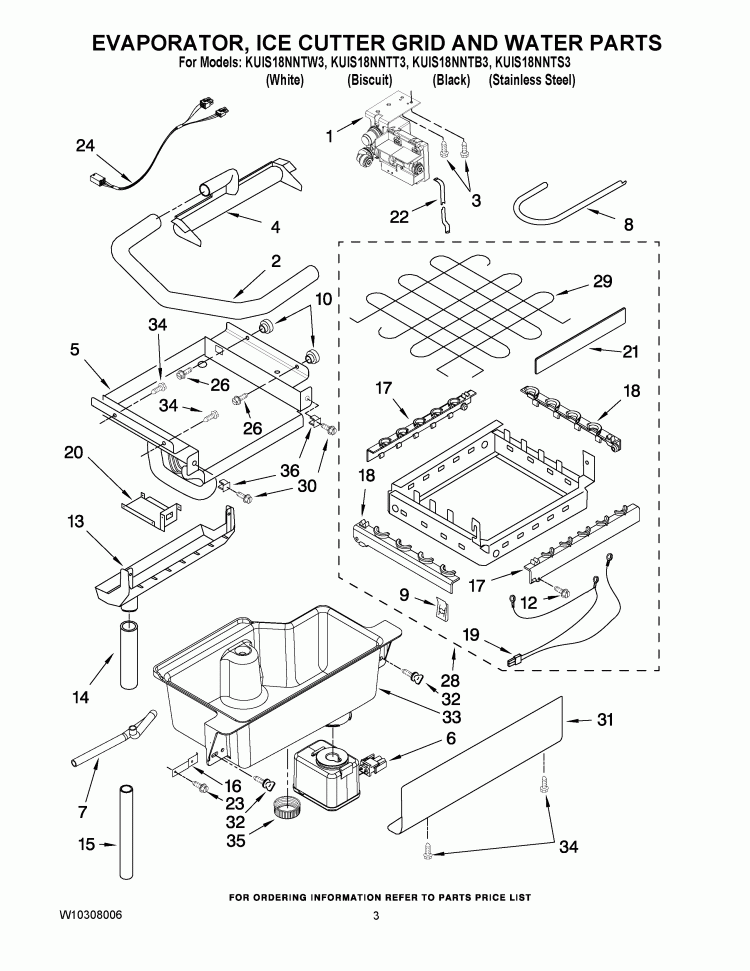 EVAPORATOR ICE CUTTER GRID AND WATER PARTS Diagram and Parts List for KUIS18NNTB3  KitchenAid Ice Maker