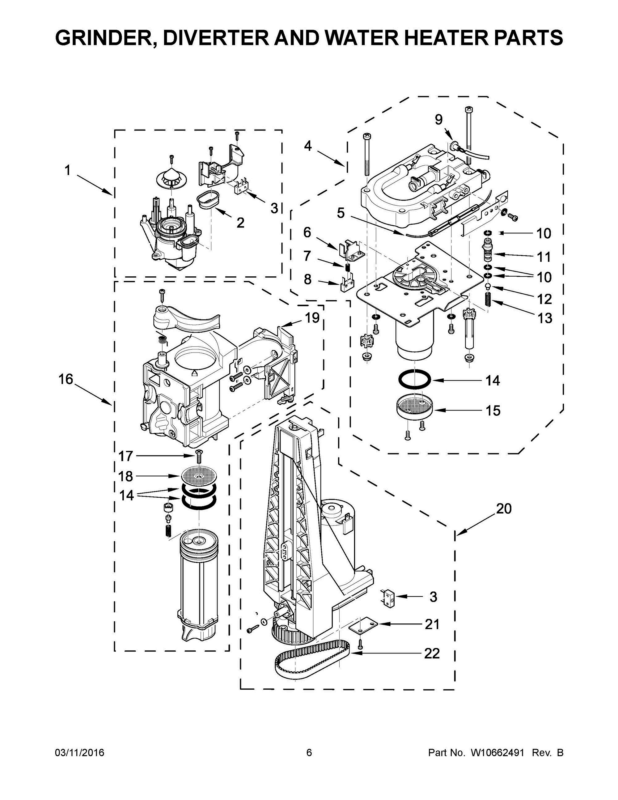 04 - GRINDER, DIVERTER AND WATER HEATER PARTS Diagram and Parts List for JBC7624BS0  Whirlpool Coffee Maker