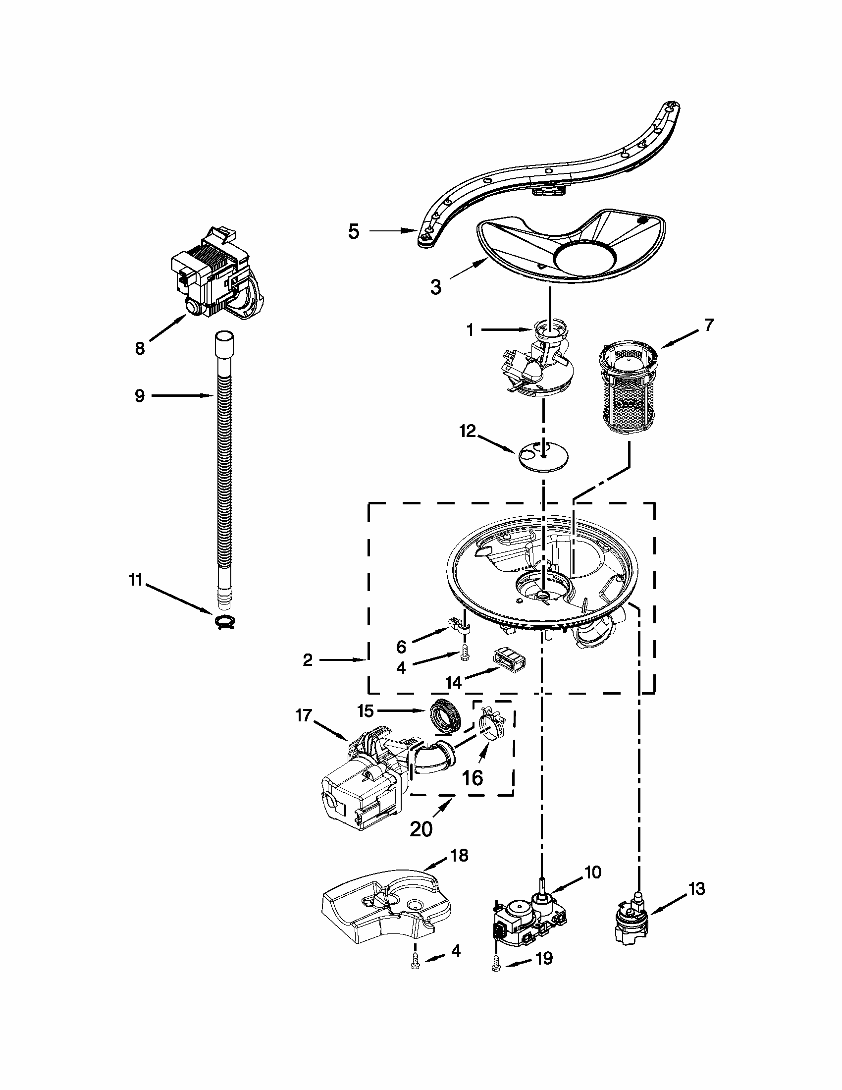 Pump, Washarm And Motor Parts Diagram and Parts List for 66513292K115  Kenmore Dishwasher