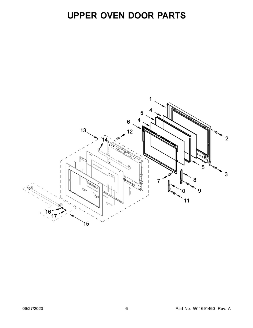 Upper Oven Door Parts Diagram and Parts List for KODE500EWH21  KitchenAid Wall Oven