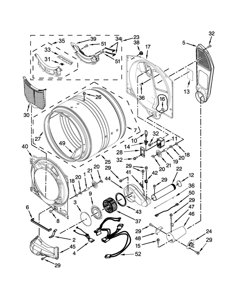 Bulkhead Parts Diagram and Parts List for 7MWGD81HEDW0  Whirlpool Dryer