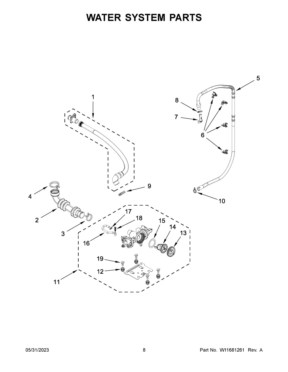 Water System Parts Diagram and Parts List for WFW5605MC1  Whirlpool Washer