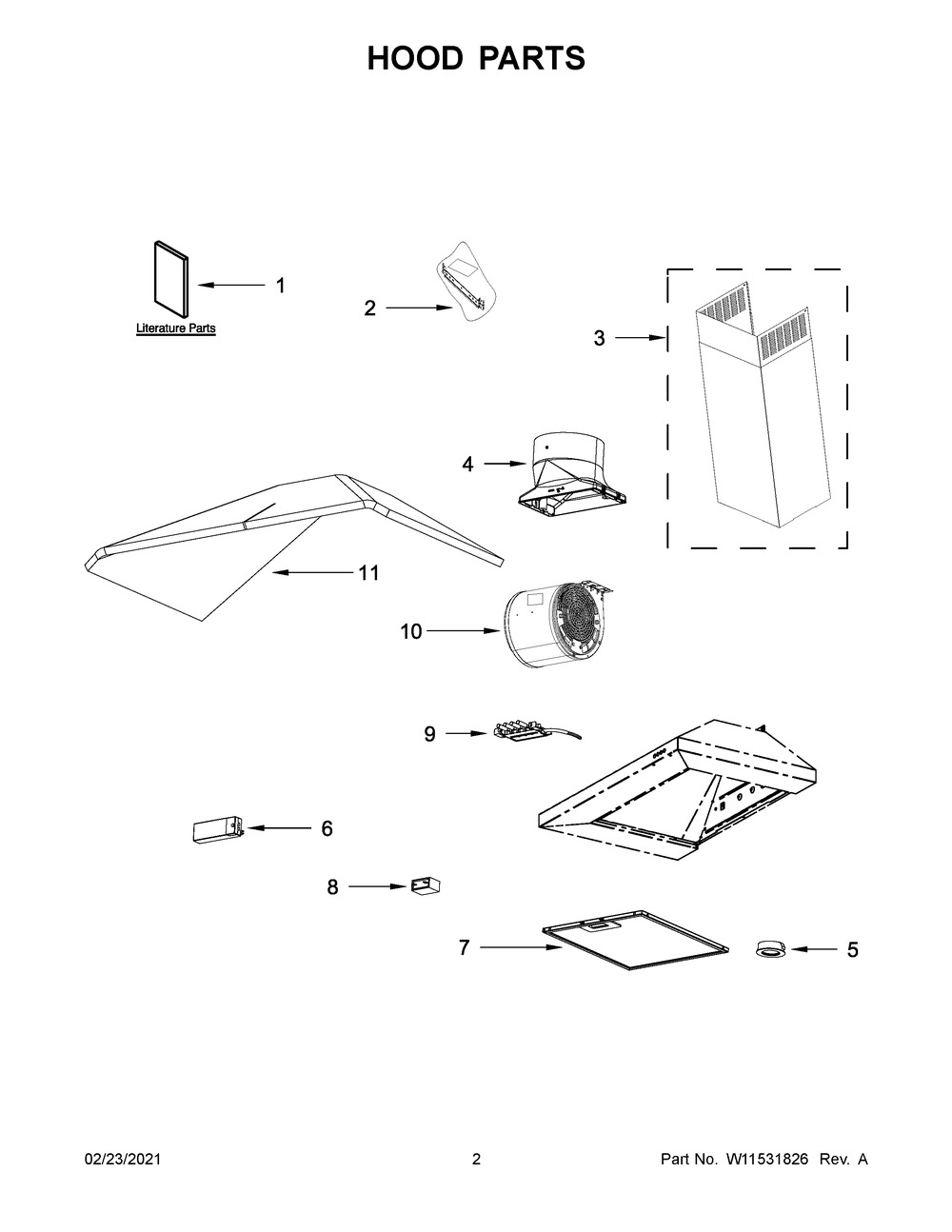 Hood Parts Diagram and Parts List for WVW53UC0FS3  Whirlpool Range