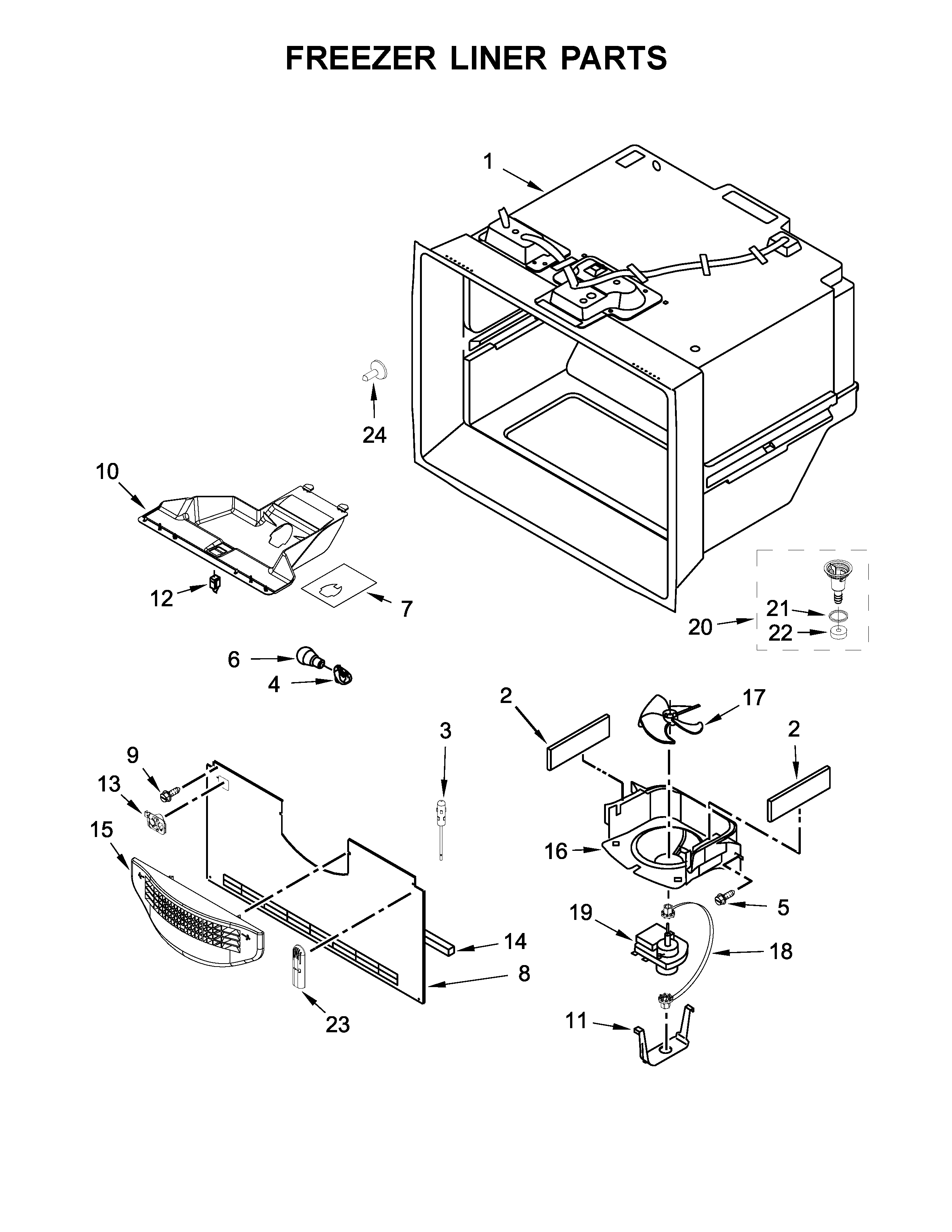 Freezer Liner Parts Diagram and Parts List for IX3HHGXSS000  Whirlpool Refrigerator