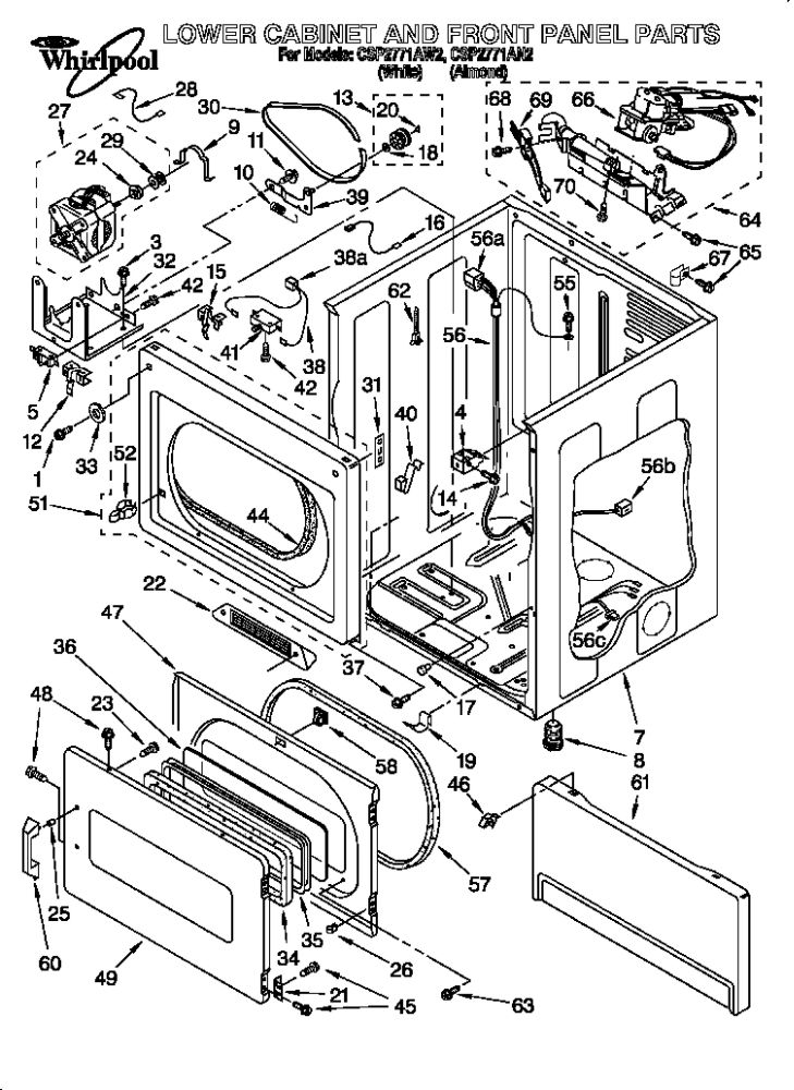 Lower Cabinet And Front Panel Diagram and Parts List for CSP2771AW2  Whirlpool Dryer