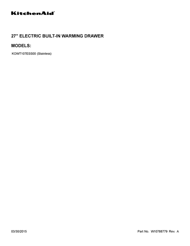 Cover Sheet Diagram and Parts List for KOWT107ESS00  KitchenAid Warming Drawer