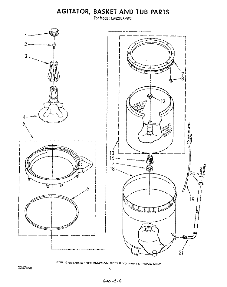AGITATOR, BASKET AND TUB Diagram and Parts List for LA6200XPW3  Whirlpool Washer
