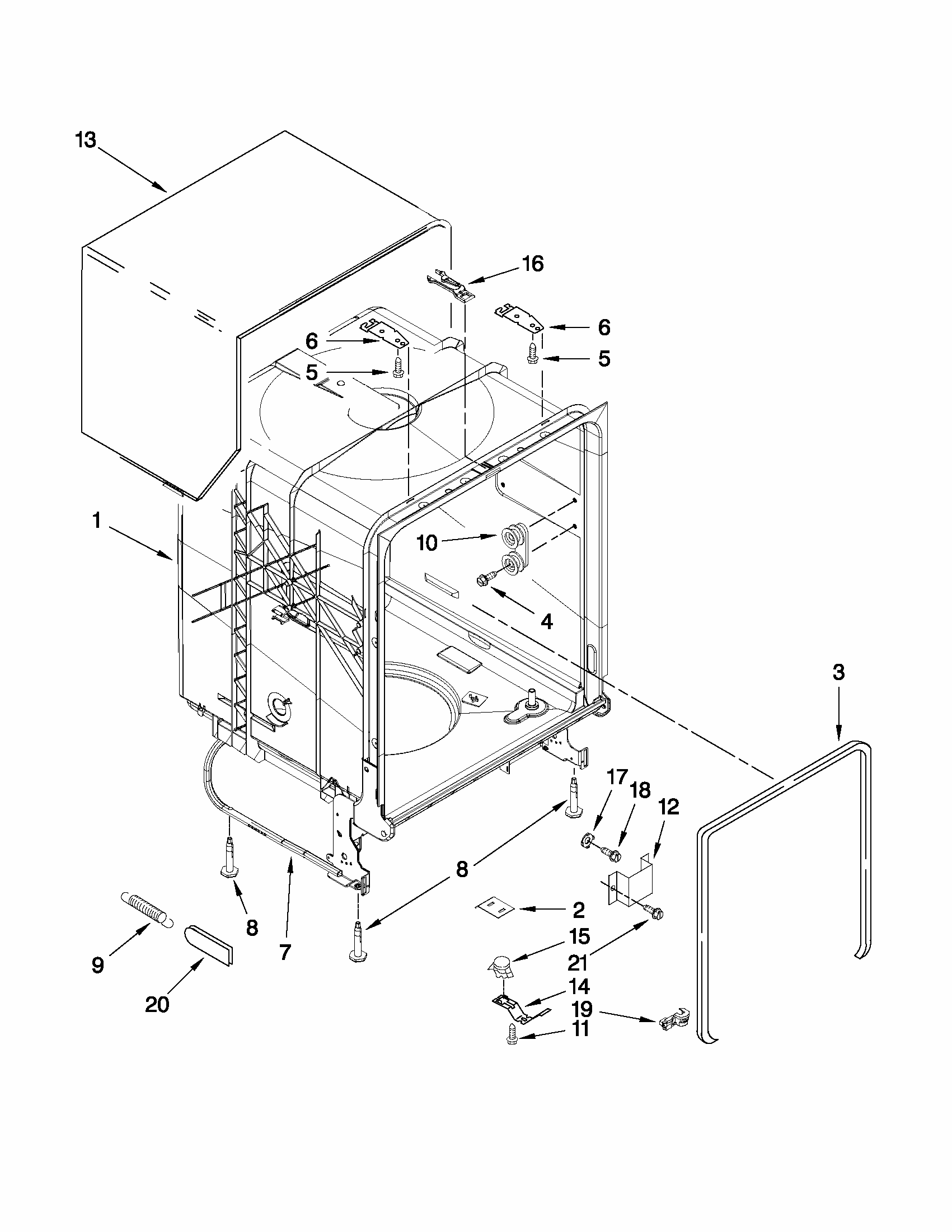 Tub And Frame Parts Diagram and Parts List for 66513039K113  Kenmore Dishwasher