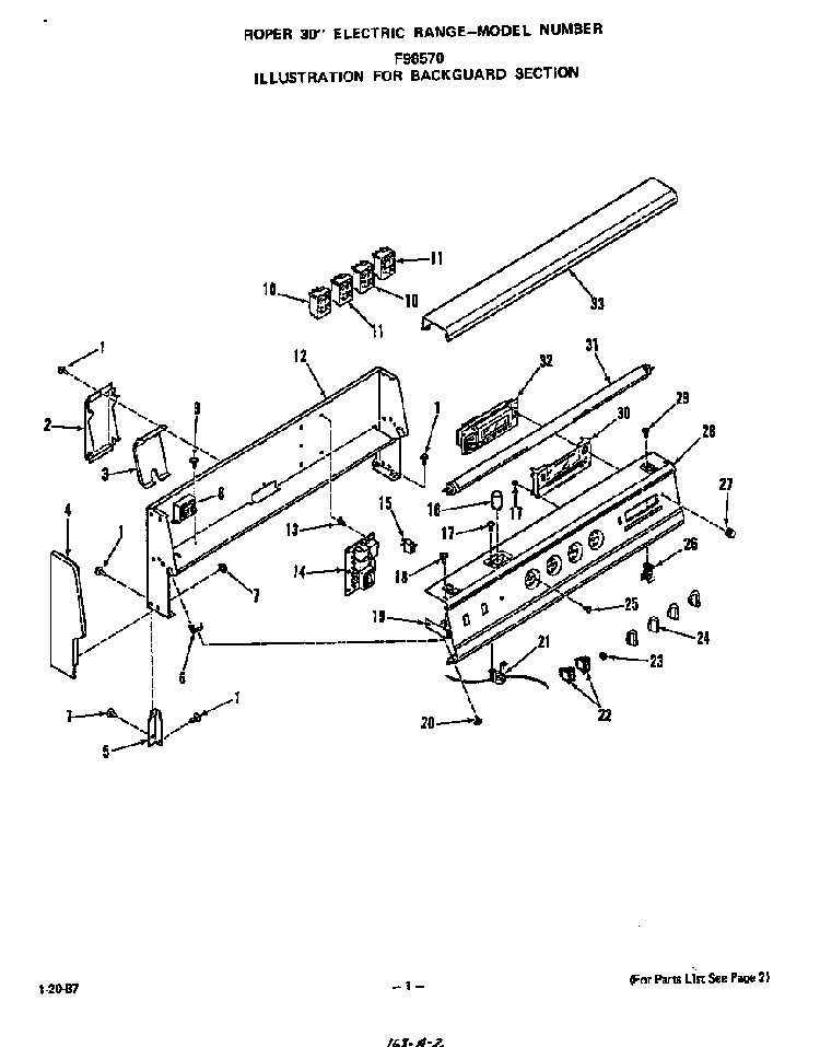 Backguard Diagram and Parts List for F9857*0  Roper Range