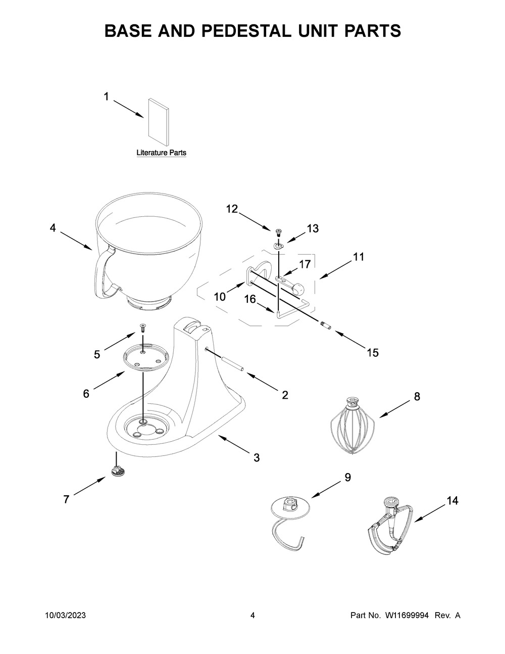 Base And Pedestal Unit Parts Diagram and Parts List for KSM150WPOB5  KitchenAid Mixer