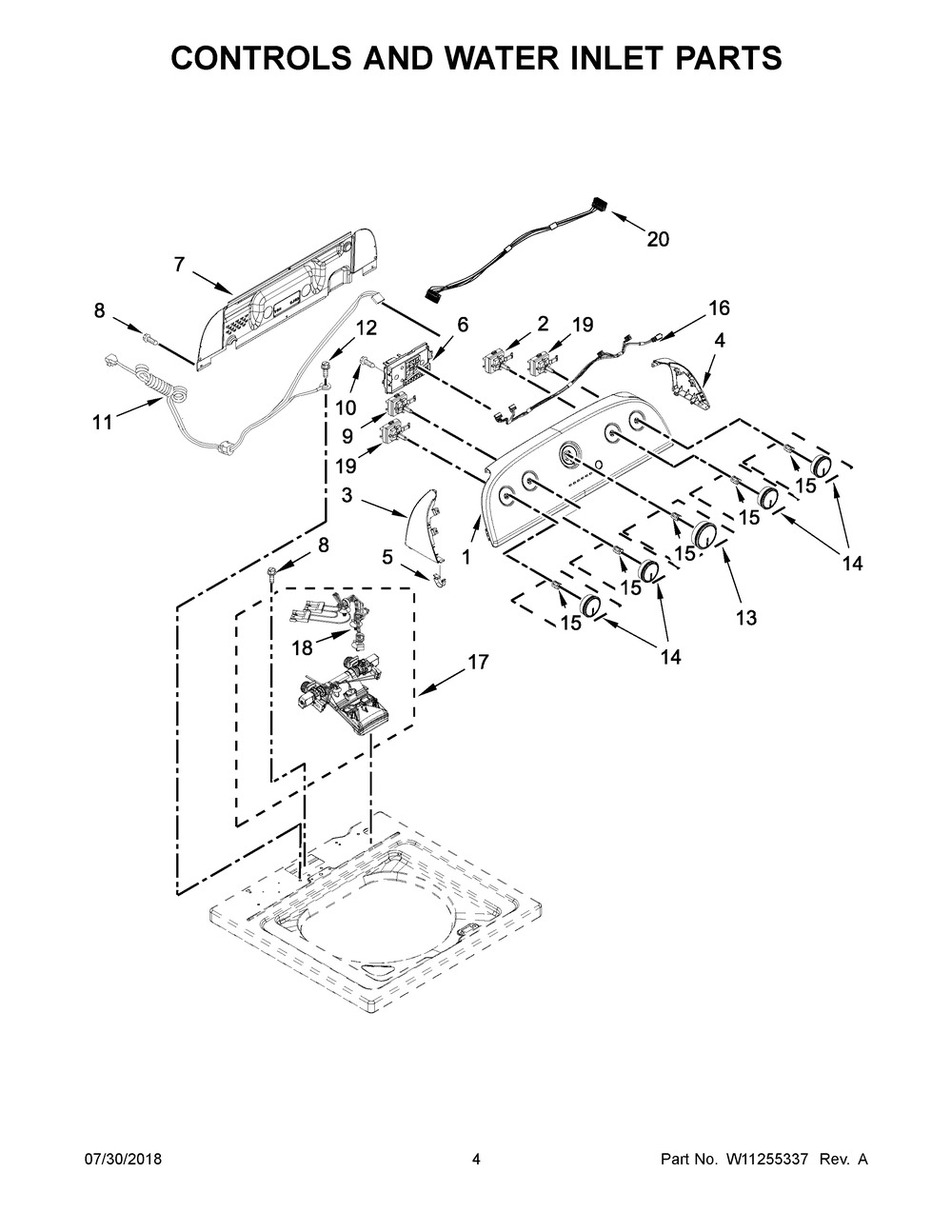 Controls And Water Inlet Parts Diagram and Parts List for WTW4955HW1  Whirlpool Washer