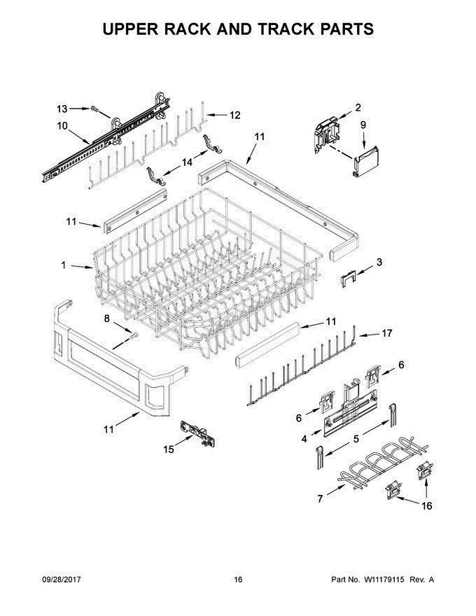09 - Upper Rack And Track Parts Diagram and Parts List for KDTM804EBS2  KitchenAid Dishwasher
