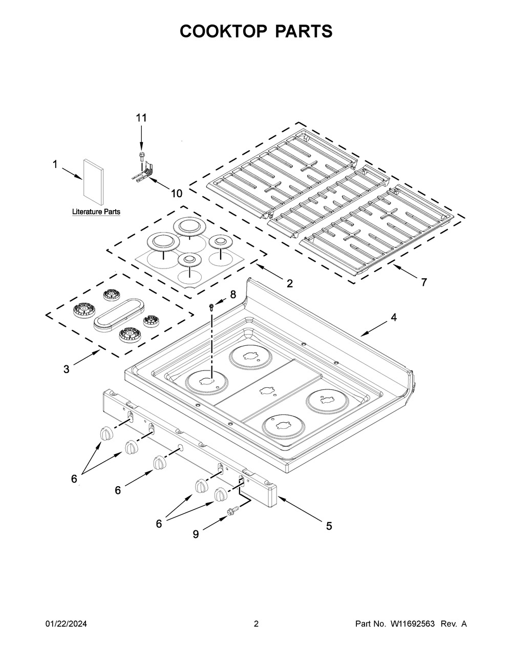 Cooktop Parts Diagram and Parts List for WFG525S0JZ6  Whirlpool Range