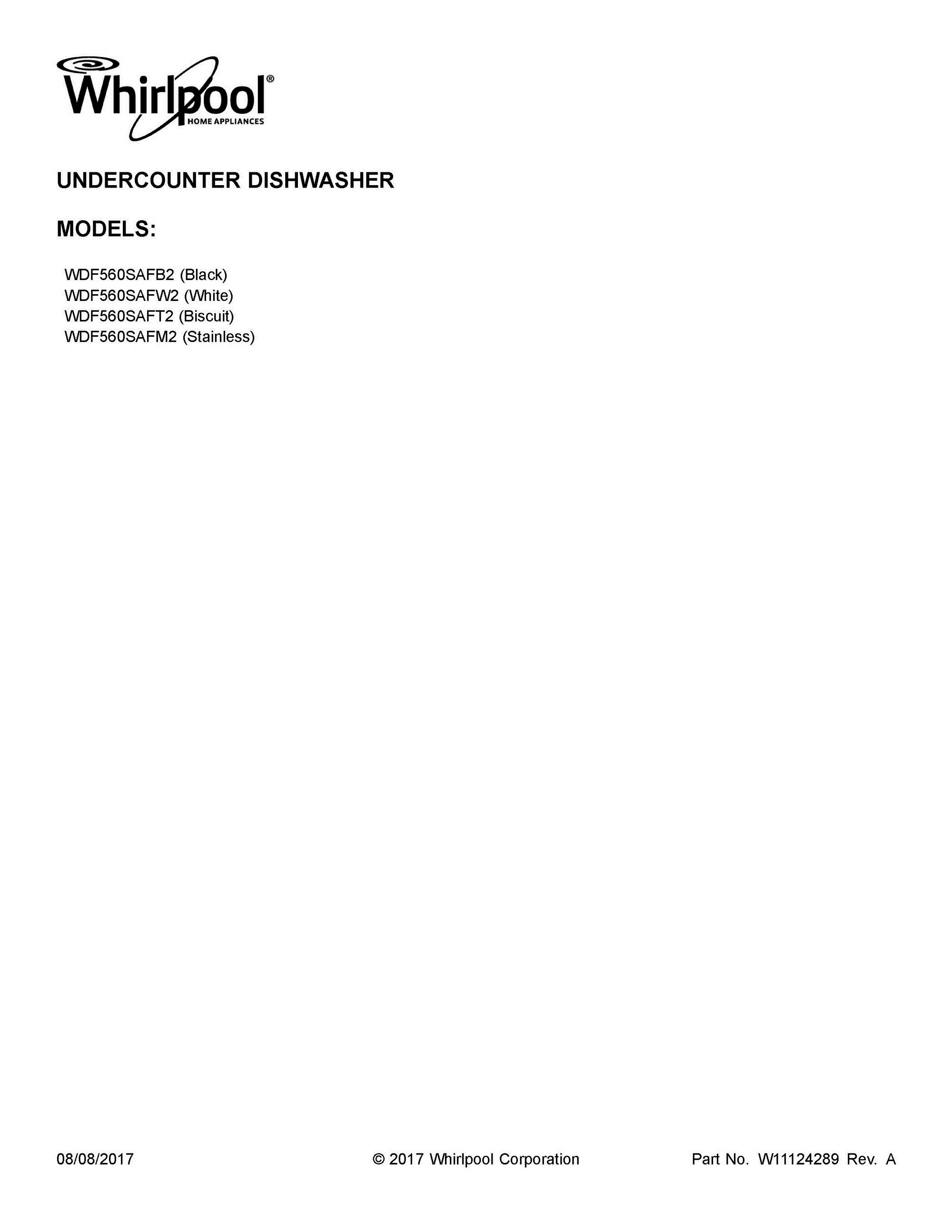01 - COVER SHEET Diagram and Parts List for WDF560SAFB2  Whirlpool Dishwasher