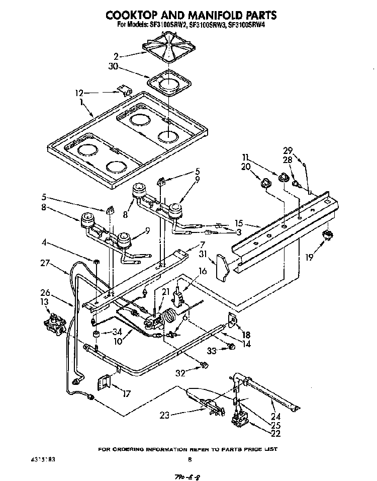 Cooktop And Manifold Diagram and Parts List for SF3100SRW3  Whirlpool Range