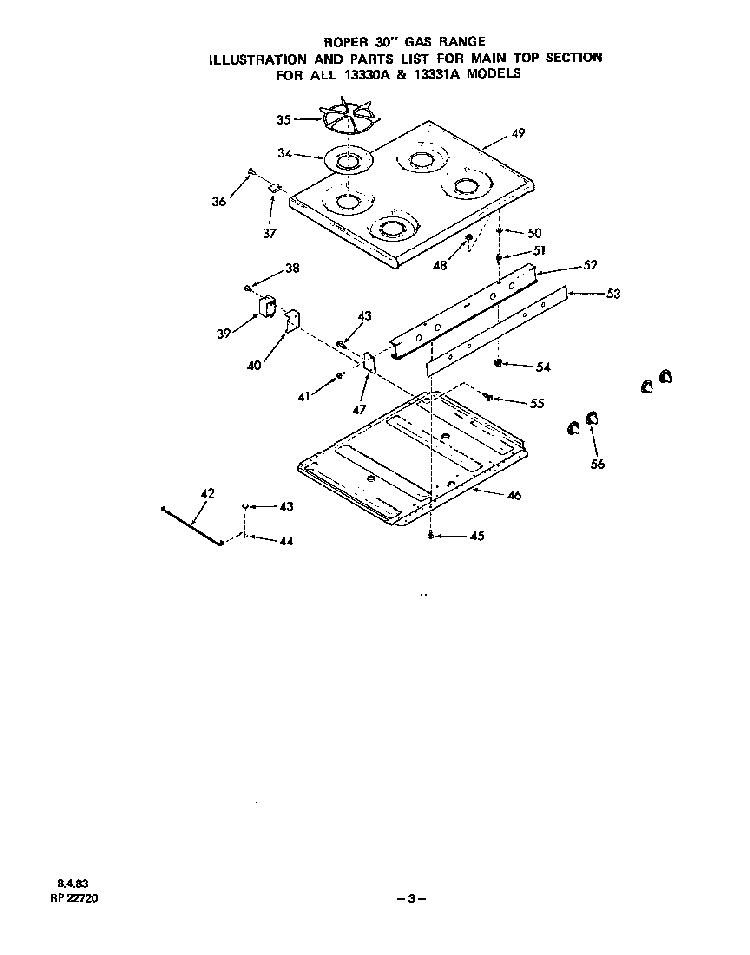 Main Top Diagram and Parts List for 1333*1A  Roper Range