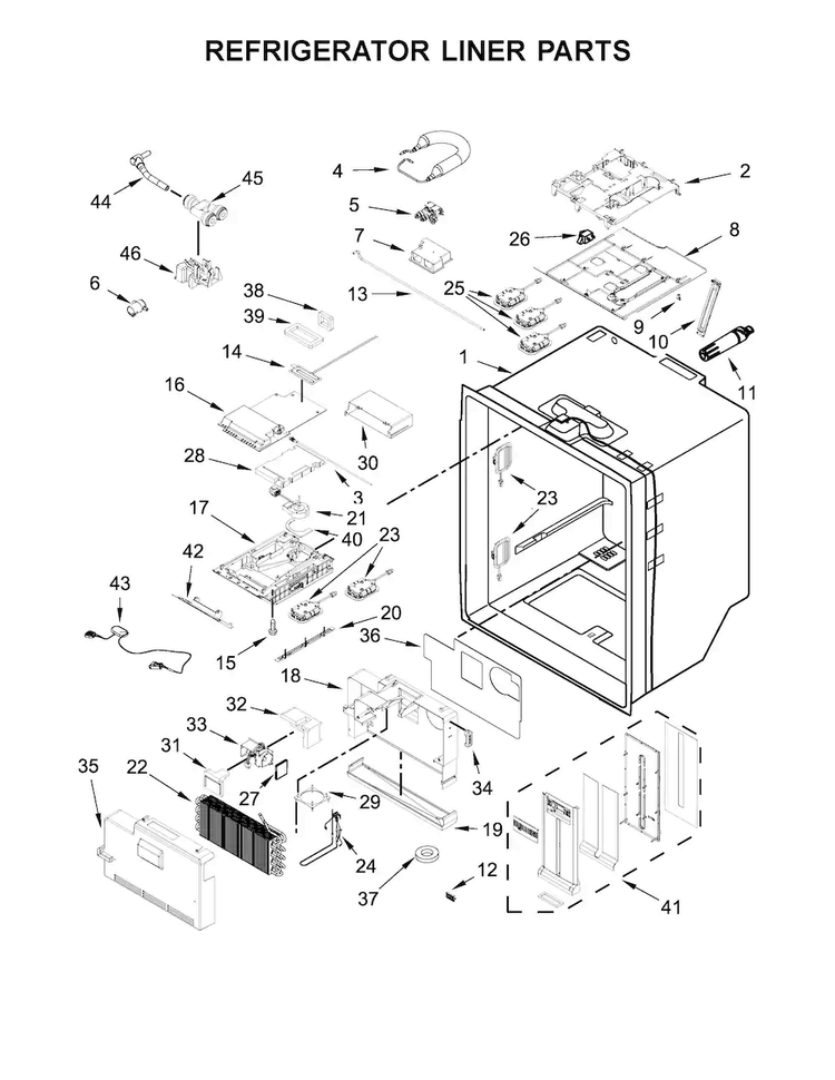 Refrigerator Liner Parts Diagram and Parts List for WRV986FDEM01  Whirlpool Refrigerator