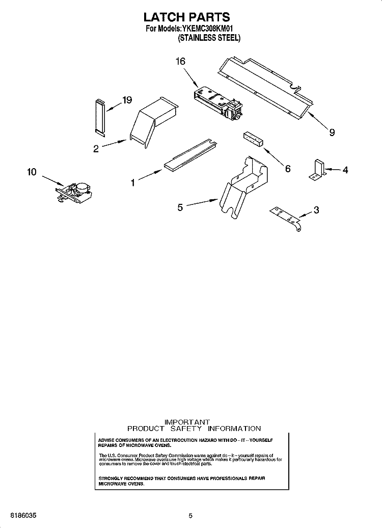 LATCH PARTS Diagram and Parts List for YKEMC308KM01  KitchenAid Microwave Oven Combo