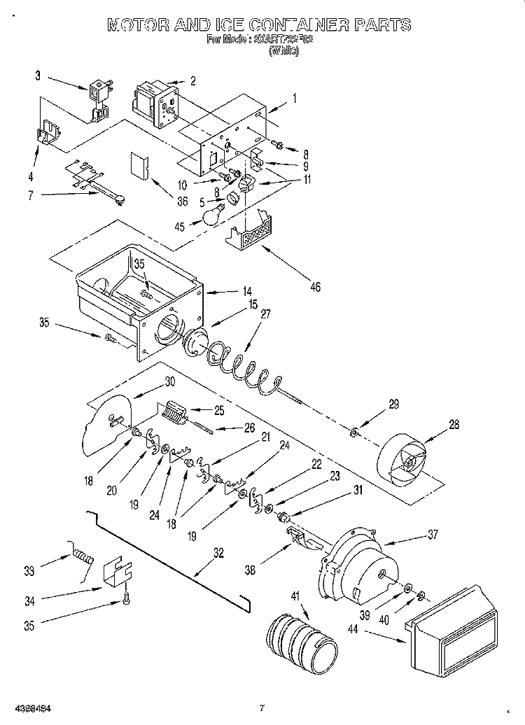 MOTOR AND ICE CONTAINER Diagram and Parts List for 3XART722F02  Whirlpool Refrigerator