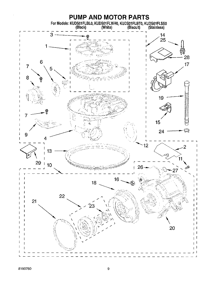 PUMP AND MOTOR Diagram and Parts List for KUDS01FLBS0  Whirlpool Dishwasher