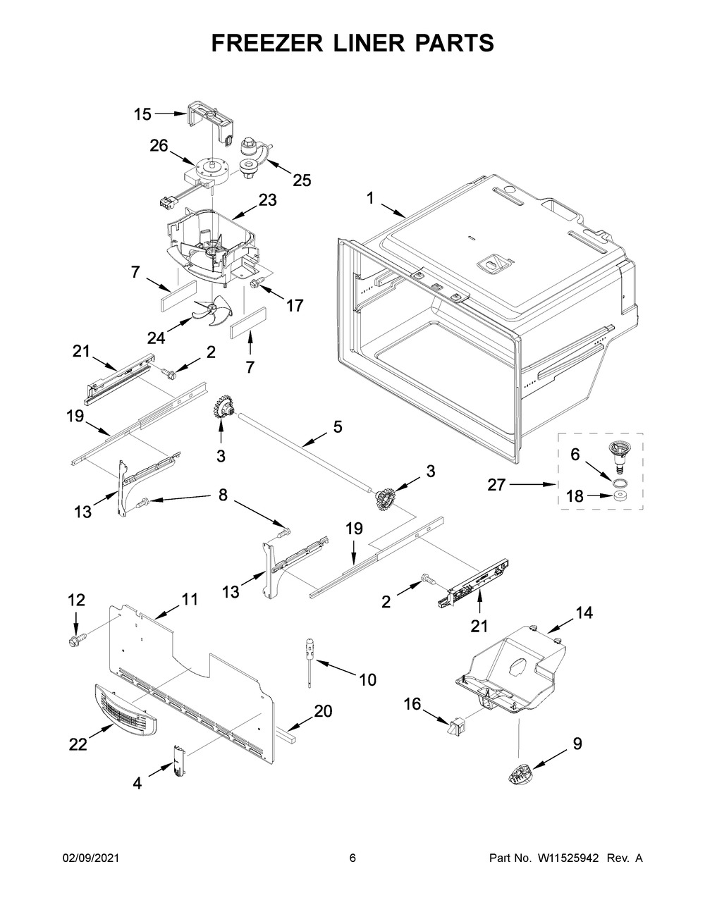 Freezer Liner Parts Diagram and Parts List for WRF555SDHW03  Whirlpool Refrigerator