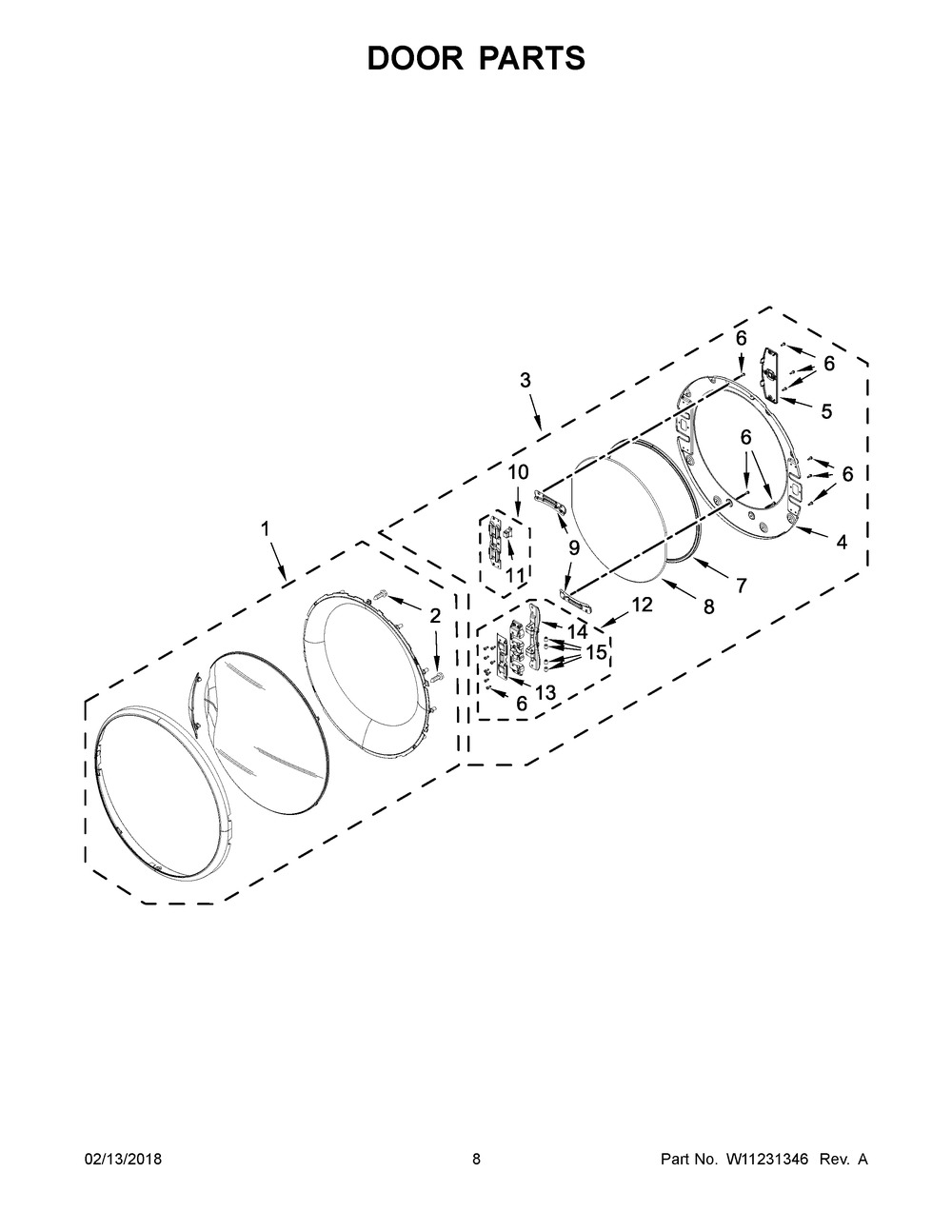 Door Parts Diagram and Parts List for WGD8540FW1  Whirlpool Dryer