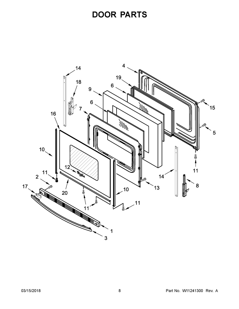 Door Parts Diagram and Parts List for WFE510S0HB0  Whirlpool Range