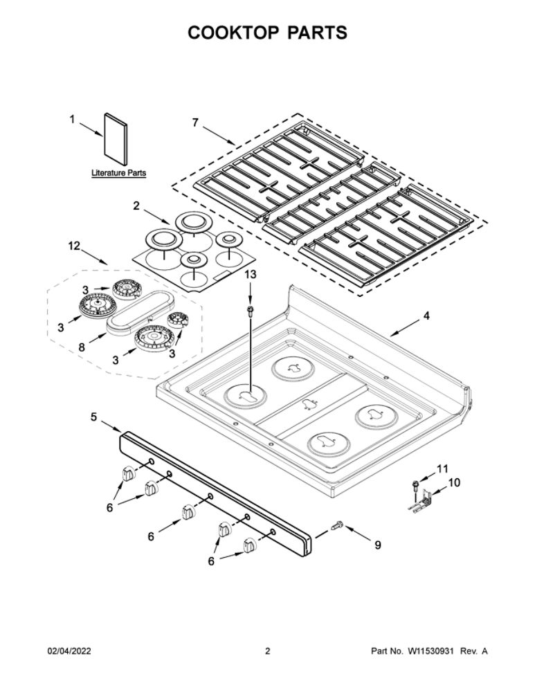 Cooktop Parts Diagram and Parts List for WFG550S0HZ3  Whirlpool Range
