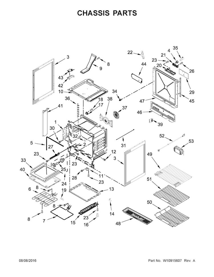 Chassis Parts Diagram and Parts List for KSEG950ESS1  KitchenAid Range