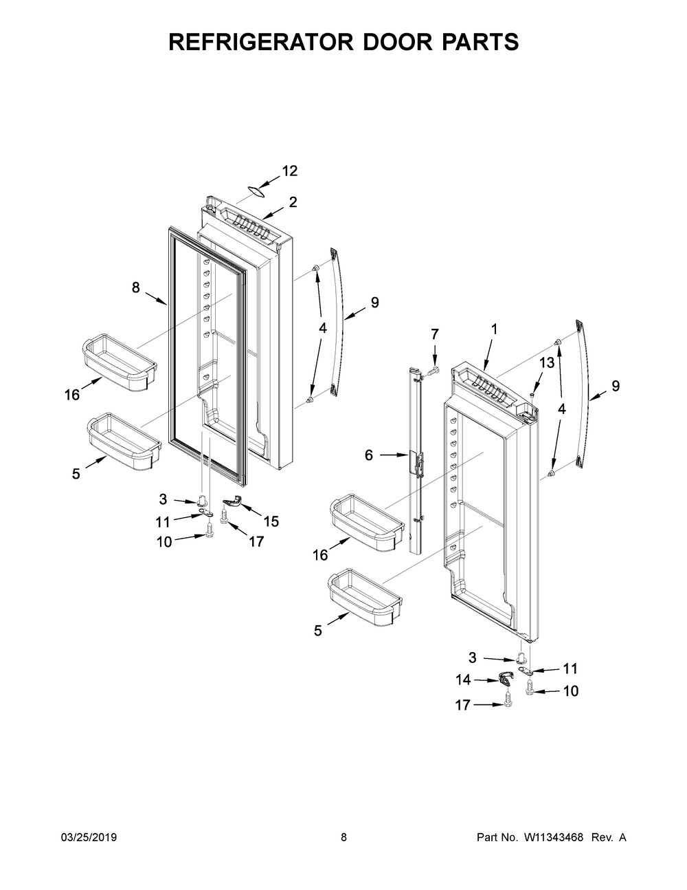 Refrigerator Door Parts Diagram and Parts List for WRF535SWHW01  Whirlpool Refrigerator