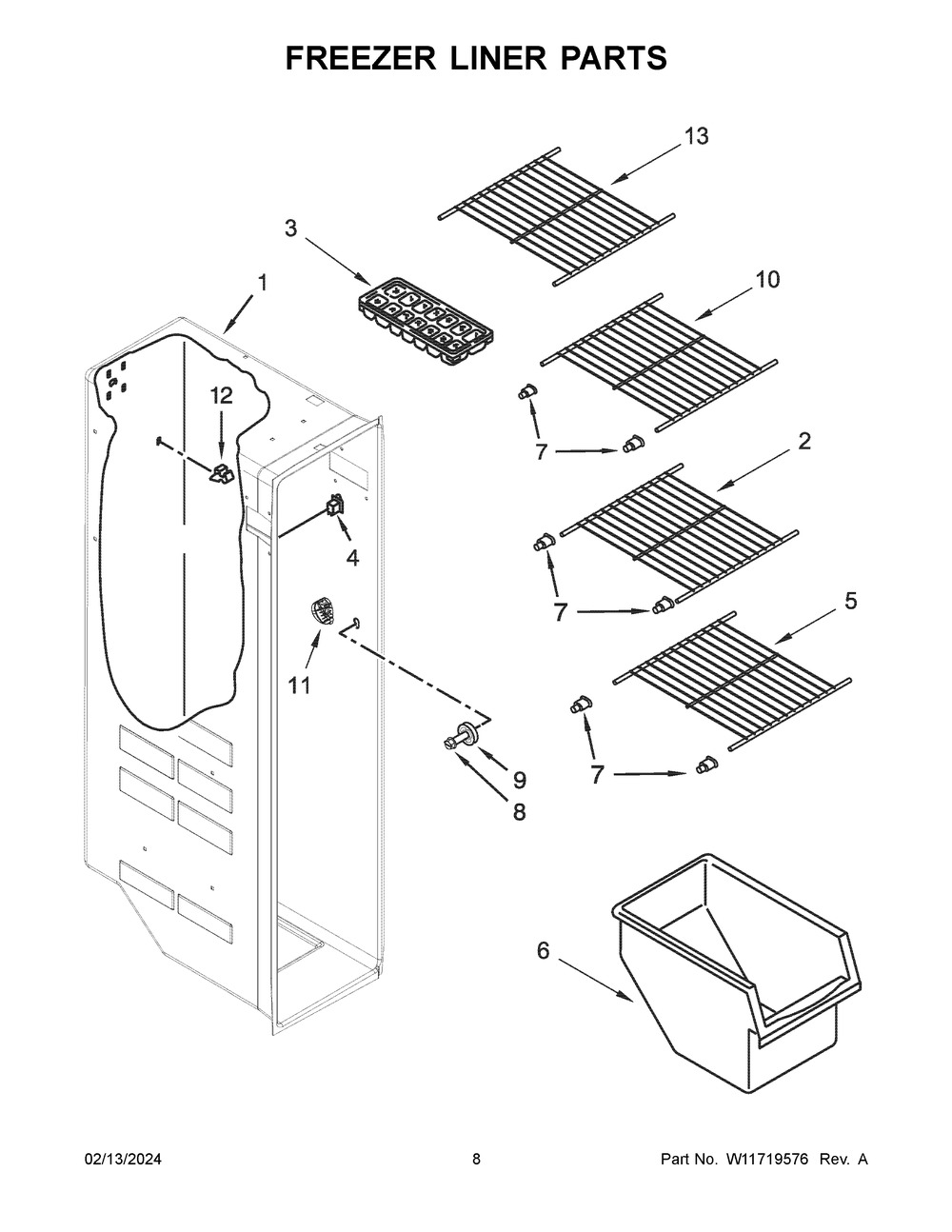 Freezer Liner Parts Diagram and Parts List for WRS312SNHM07  Whirlpool Refrigerator