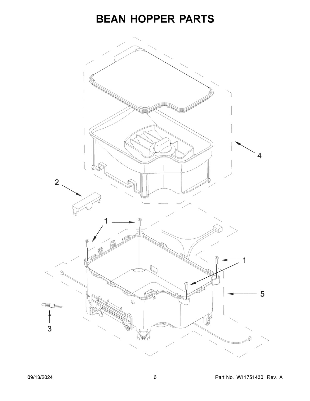 04 - Bean Hopper Parts Diagram and Parts List for KES8558PL0  Whirlpool Espresso Machine