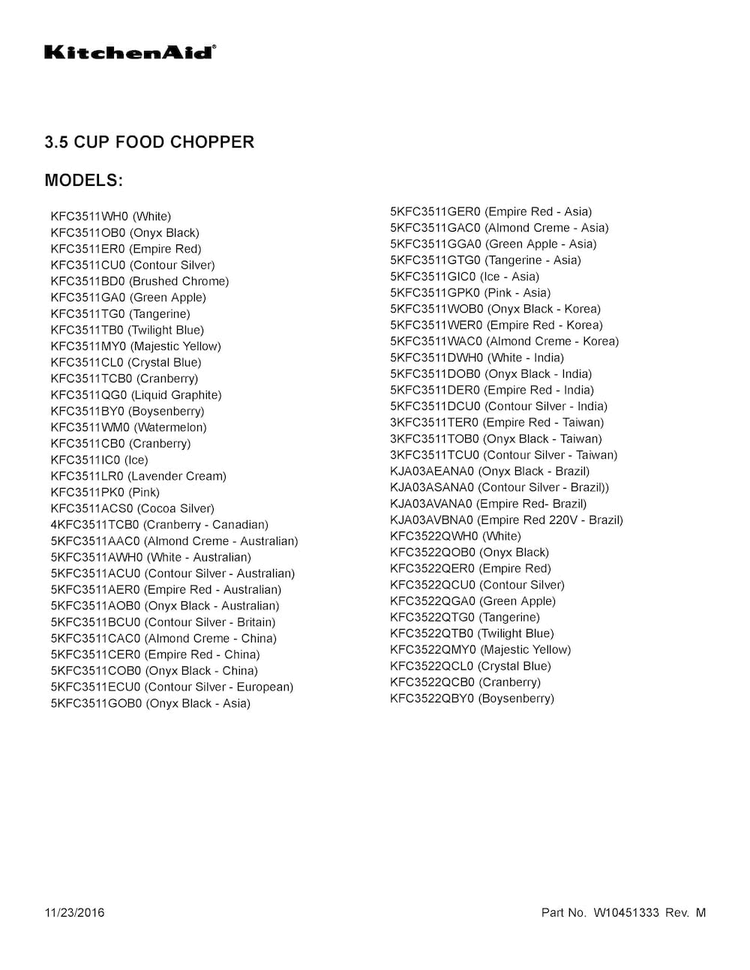 Cover Sheet Diagram and Parts List for 5KFC3511DCU0  KitchenAid Food Processor